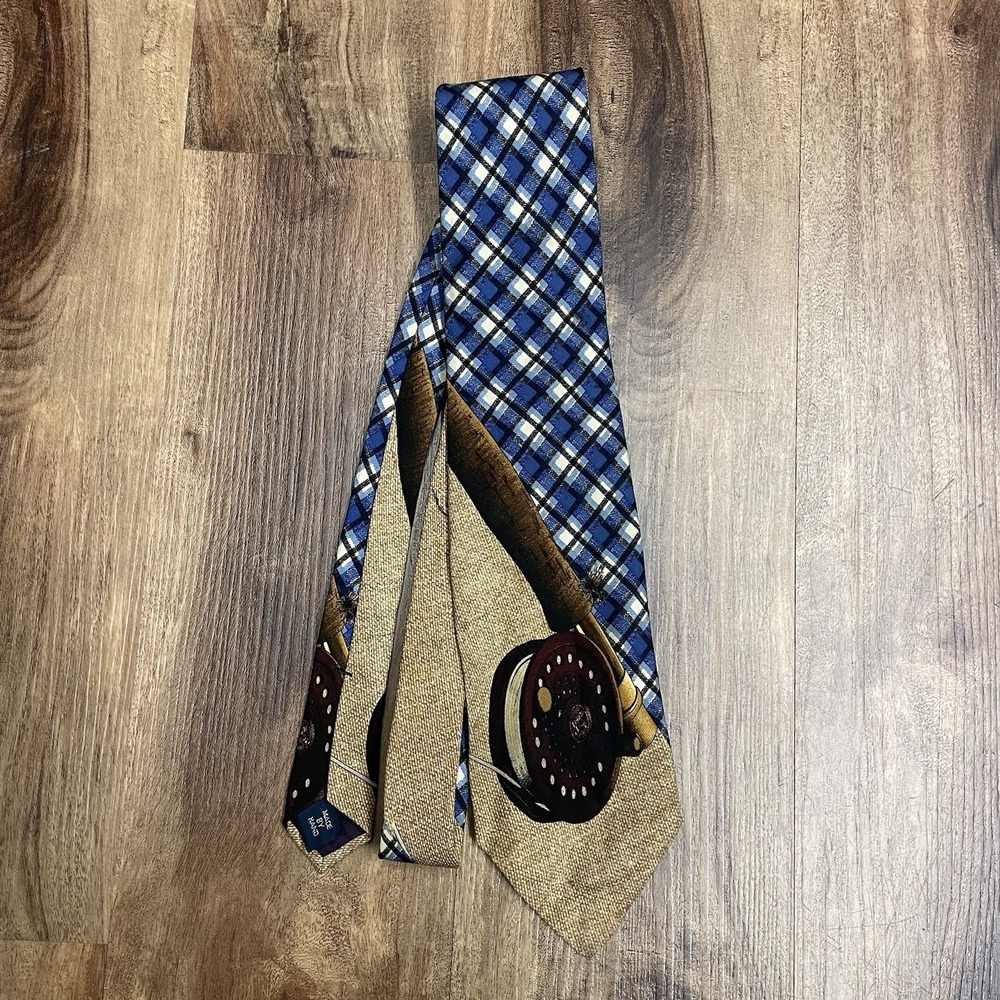 Polo Ralph Lauren Vintage Hand-Made Silk Tie, USA Plaid, Fly Fishing Print
